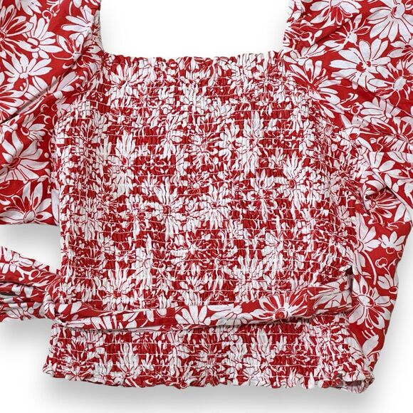 Madewell Anita Abstract Floral Linen Wrap Puff Sleeve Top XS Roasted Squash Red - Picture 11 of 11